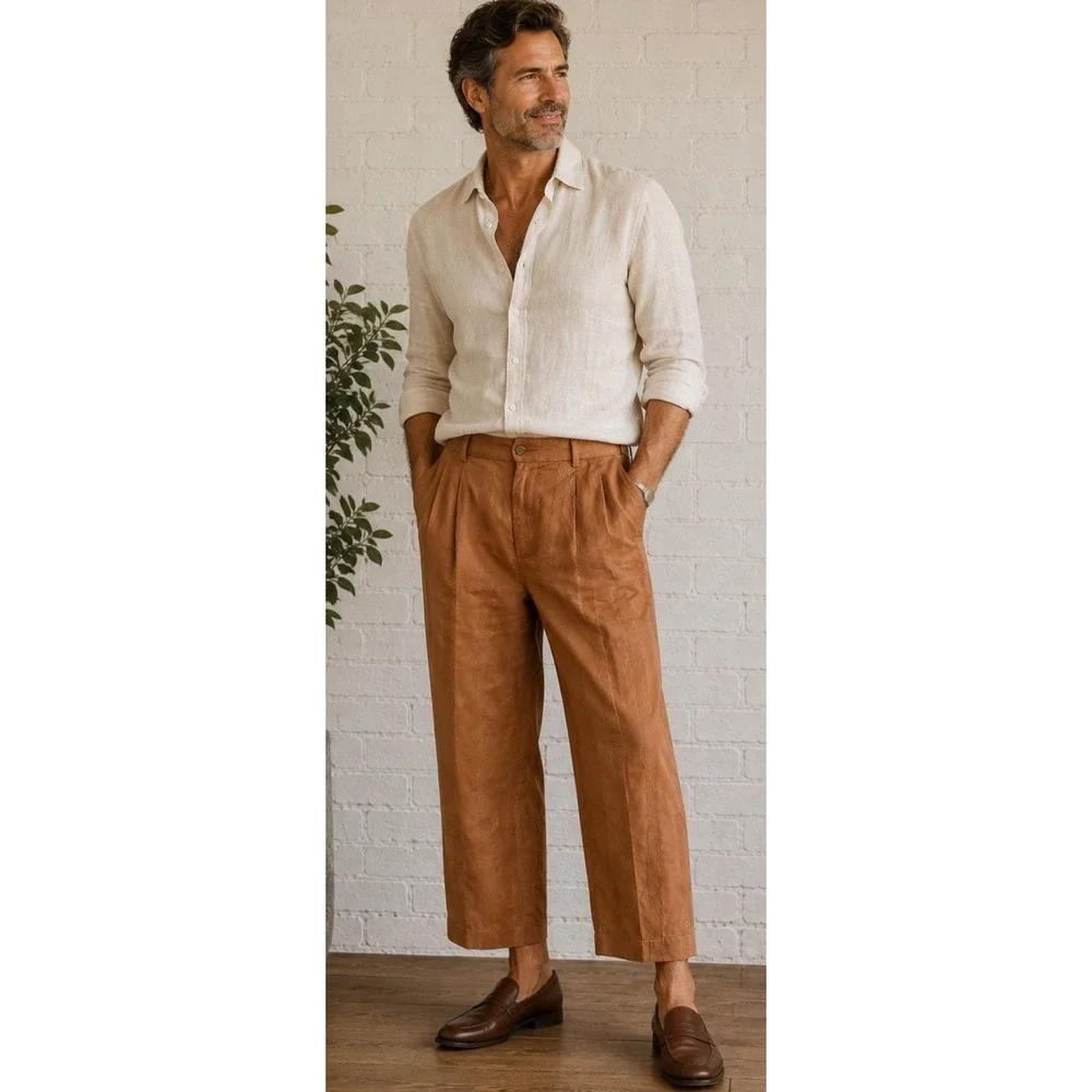 Vintage Virgola Uomo Cognac Camel Lightly Pleated Cropped Pants 36